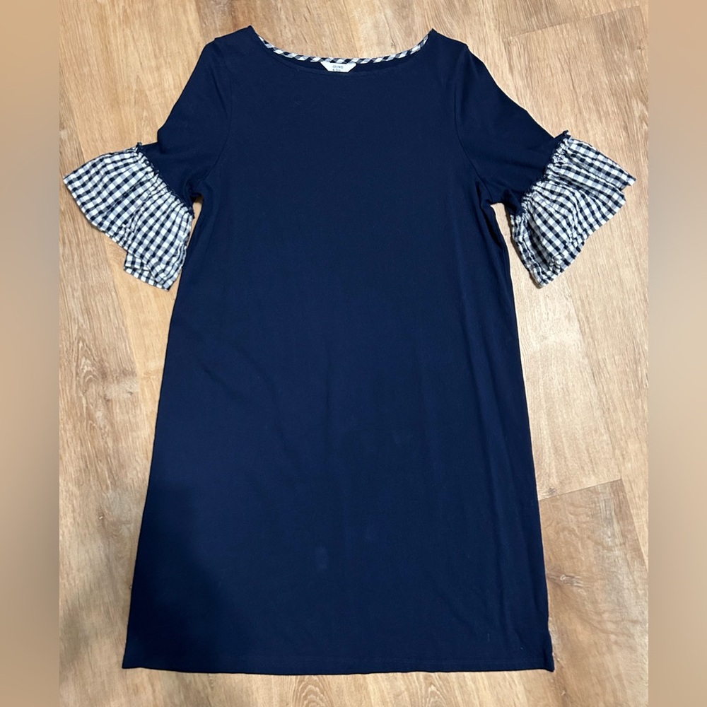Crown & Ivy 100%cotton navy dress with plaid sleeves.
